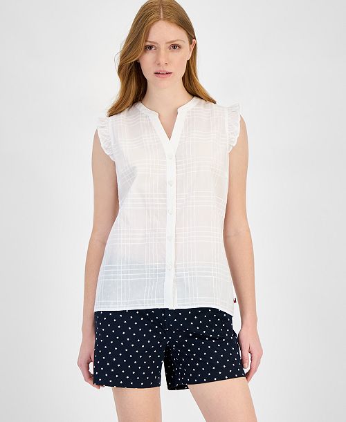 Tommy Hilfiger Women's Cotton Tonal-Plaid Ruffled-Sleeve Shirt Women's Fashion Shoes & Accessories
