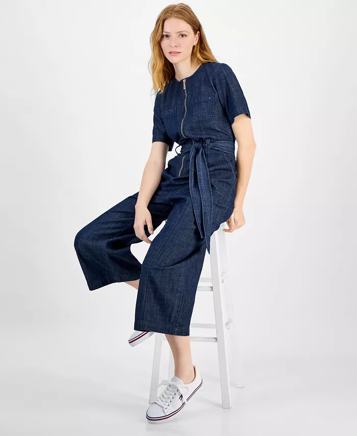 Tommy Hilfiger Women's Denim Zip-Front Belted Jumpsuit Women's Fashion Shoes & Accessories