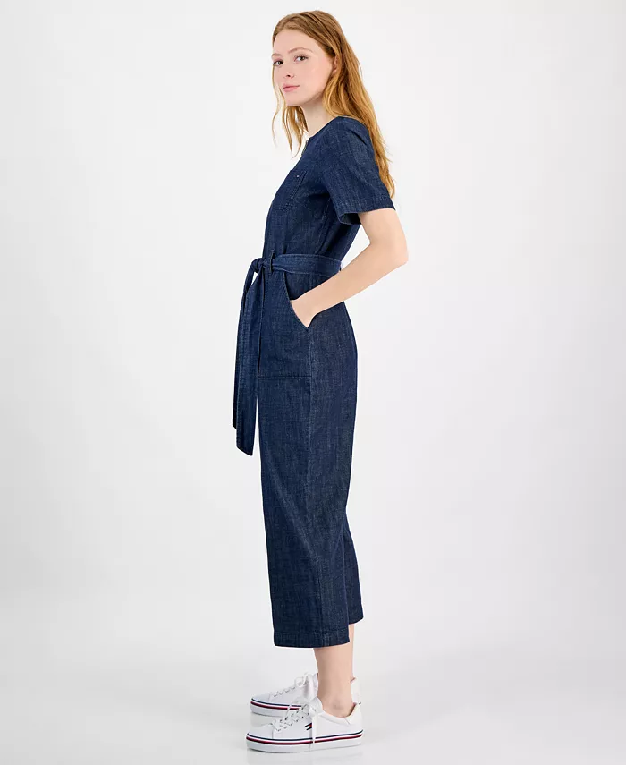Tommy Hilfiger Women's Denim Zip-Front Belted Jumpsuit Women's Fashion Shoes & Accessories