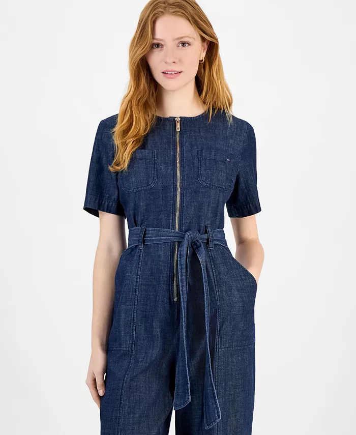 Tommy Hilfiger Women's Denim Zip-Front Belted Jumpsuit Women's Fashion Shoes & Accessories
