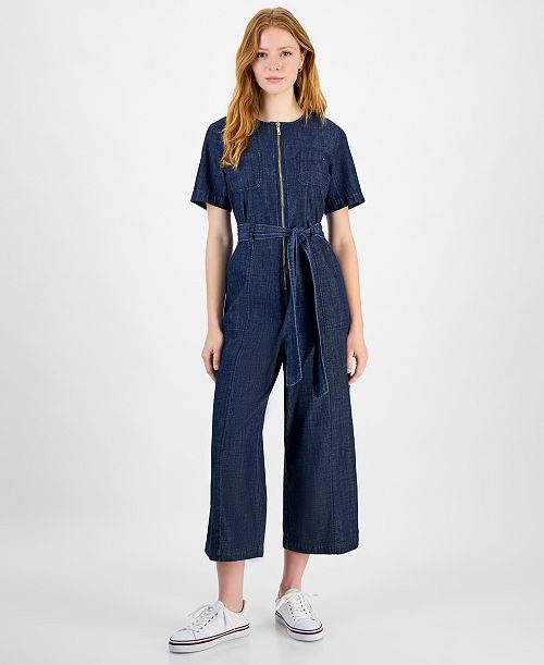 Tommy Hilfiger Women's Denim Zip-Front Belted Jumpsuit Women's Fashion Shoes & Accessories