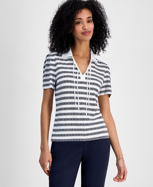 Tommy Hilfiger Women's Dot-Stripe Polo Shirt Women's Fashion Shoes & Accessories