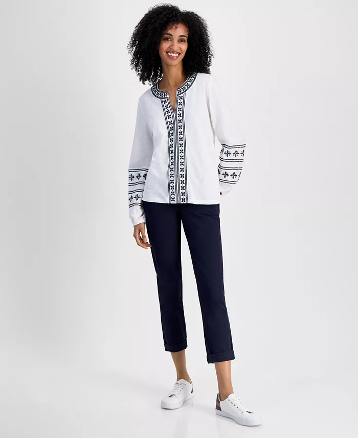 Tommy Hilfiger Women's Embroidered Cotton Top Women's Fashion Shoes & Accessories