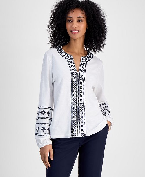 Tommy Hilfiger Women's Embroidered Cotton Top Women's Fashion Shoes & Accessories