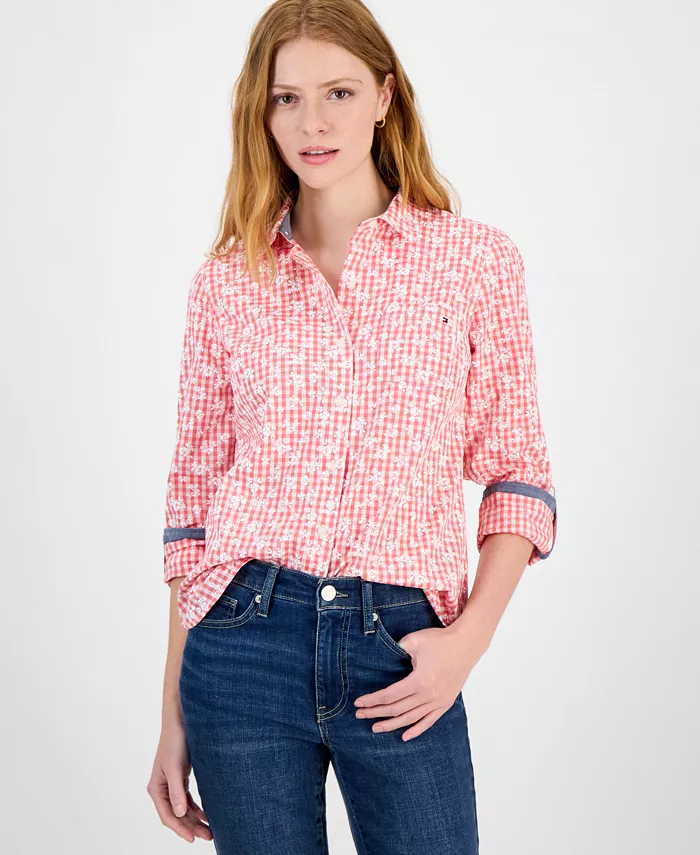 Tommy Hilfiger Women's Floral Gingham Cotton Shirt Women's Fashion Shoes & Accessories