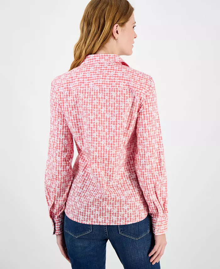 Tommy Hilfiger Women's Floral Gingham Cotton Shirt Women's Fashion Shoes & Accessories