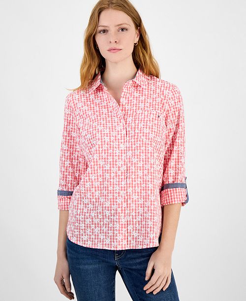 Tommy Hilfiger Women's Floral Gingham Cotton Shirt Women's Fashion Shoes & Accessories