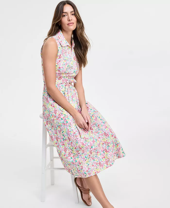 Tommy Hilfiger Women's Floral Lace-Trim Shirtdress Women's Fashion Shoes & Accessories