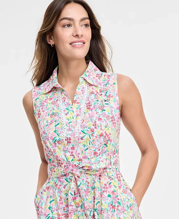 Tommy Hilfiger Women's Floral Lace-Trim Shirtdress Women's Fashion Shoes & Accessories