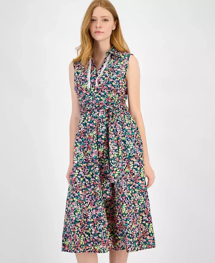 Tommy Hilfiger Women's Floral Lace-Trim Shirtdress Women's Fashion Shoes & Accessories