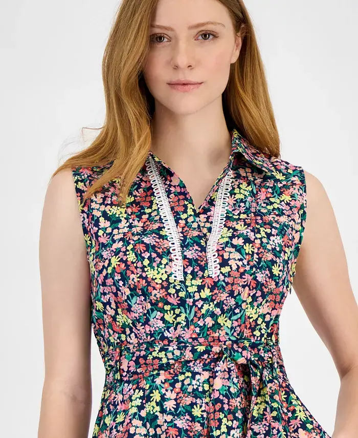 Tommy Hilfiger Women's Floral Lace-Trim Shirtdress Women's Fashion Shoes & Accessories