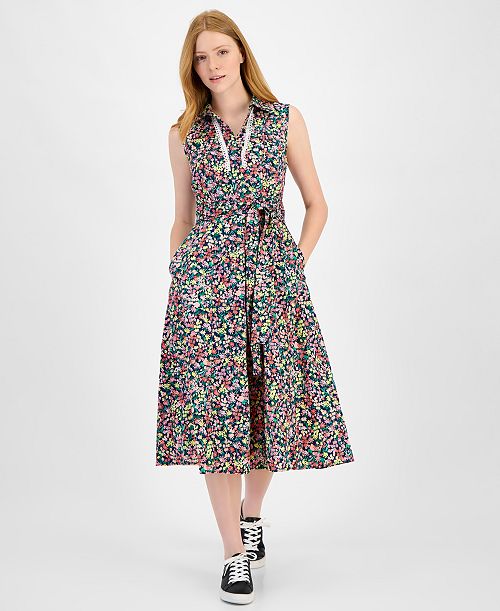 Tommy Hilfiger Women's Floral Lace-Trim Shirtdress Women's Fashion Shoes & Accessories