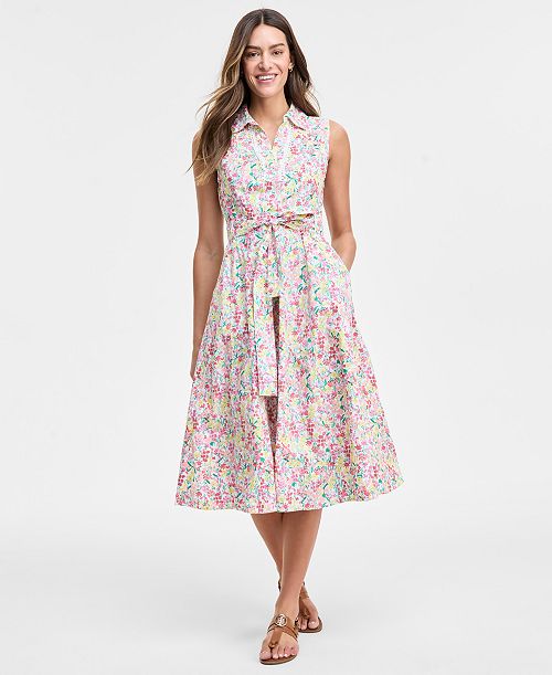 Tommy Hilfiger Women's Floral Lace-Trim Shirtdress Women's Fashion Shoes & Accessories