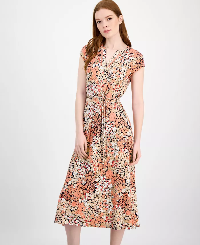 Tommy Hilfiger Women's Floral-Print Ladder-Trim Midi Dress Women's Fashion Shoes & Accessories