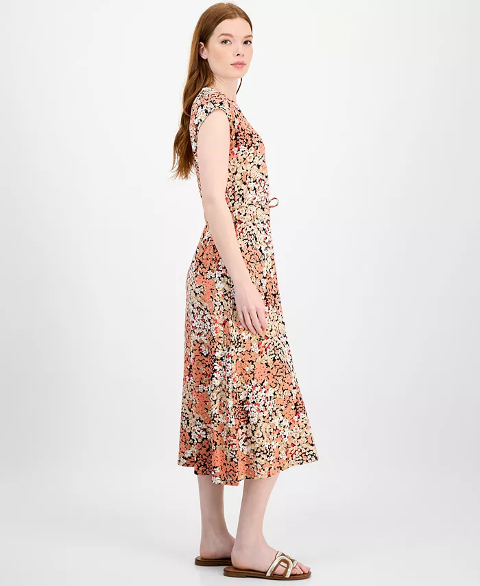 Tommy Hilfiger Women's Floral-Print Ladder-Trim Midi Dress Women's Fashion Shoes & Accessories