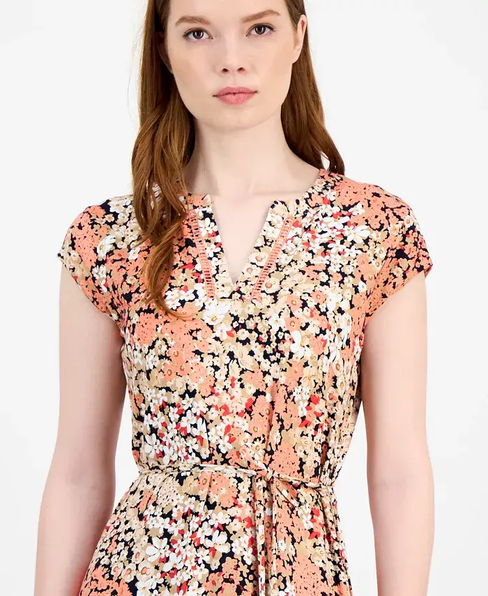 Tommy Hilfiger Women's Floral-Print Ladder-Trim Midi Dress Women's Fashion Shoes & Accessories