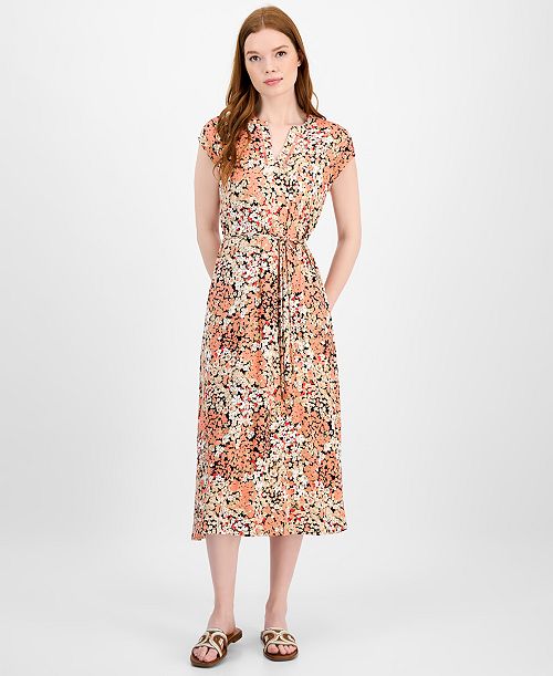 Tommy Hilfiger Women's Floral-Print Ladder-Trim Midi Dress Women's Fashion Shoes & Accessories