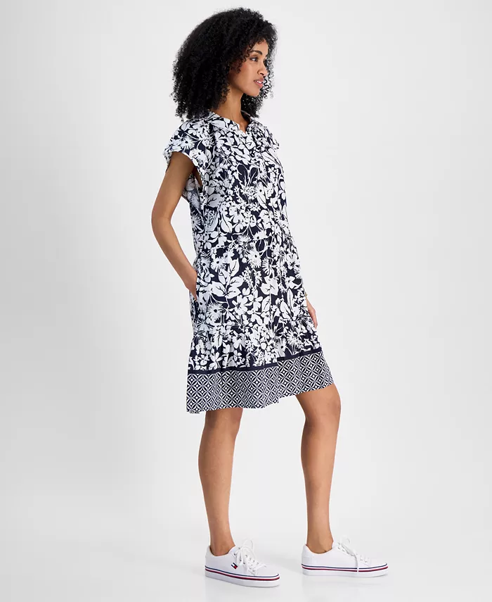 Tommy Hilfiger Women's Floral-Print Linen-Blend Shirt Dress Women's Fashion Shoes & Accessories