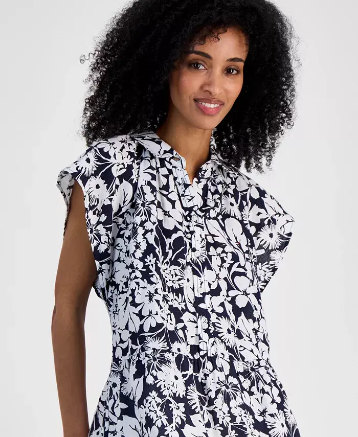 Tommy Hilfiger Women's Floral-Print Linen-Blend Shirt Dress Women's Fashion Shoes & Accessories