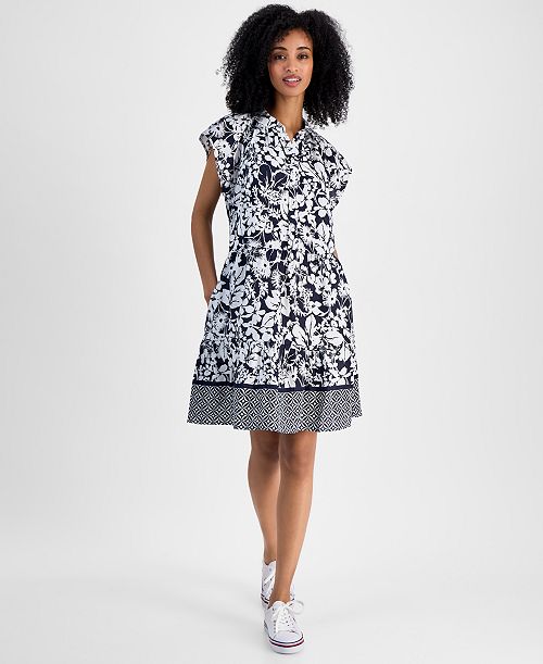 Tommy Hilfiger Women's Floral-Print Linen-Blend Shirt Dress Women's Fashion Shoes & Accessories