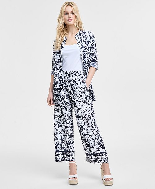 Tommy Hilfiger Women's Floral-Print Pull-On Wide-Leg Pants Women's Fashion Shoes & Accessories