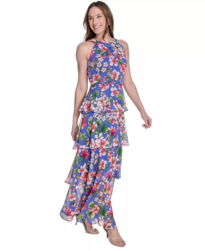 Tommy Hilfiger Women's Floral-Print Tiered Halterneck Maxi Dress Women's Fashion Shoes & Accessories