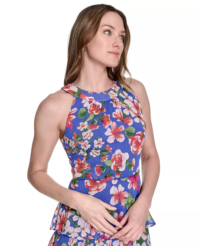 Tommy Hilfiger Women's Floral-Print Tiered Halterneck Maxi Dress Women's Fashion Shoes & Accessories