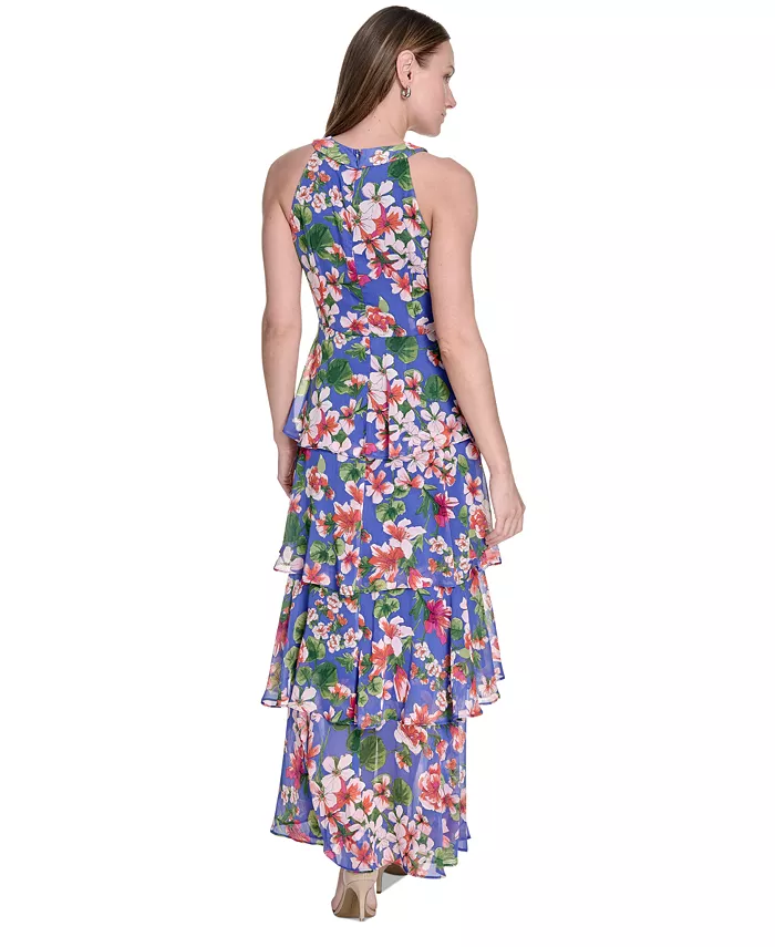 Tommy Hilfiger Women's Floral-Print Tiered Halterneck Maxi Dress Women's Fashion Shoes & Accessories