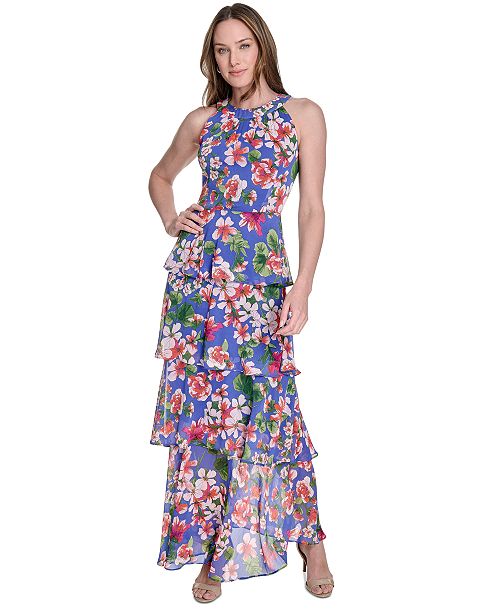 Tommy Hilfiger Women's Floral-Print Tiered Halterneck Maxi Dress Women's Fashion Shoes & Accessories