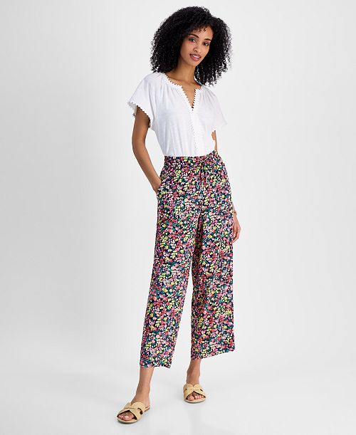Tommy Hilfiger Women's Floral-Print Wide-Leg Pull-On Pants Women's Fashion Shoes & Accessories