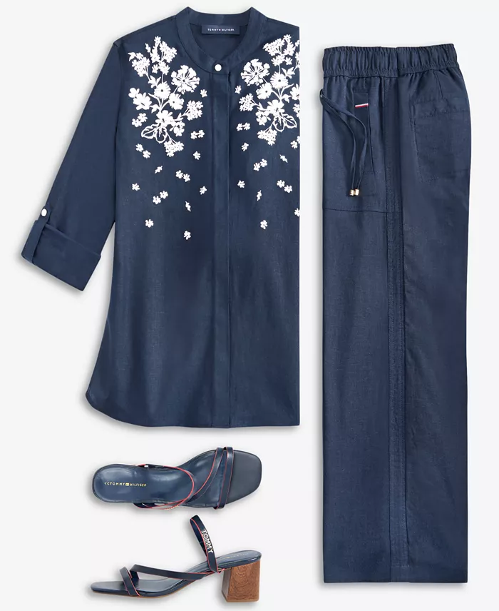 Tommy Hilfiger Women's Floral Puff-Print Tunic & Wide-Leg Pants Women's Fashion Shoes & Accessories