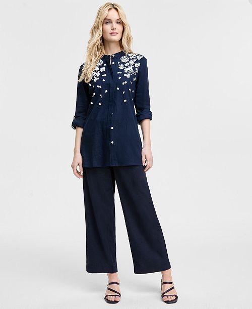 Tommy Hilfiger Women's Floral Puff-Print Tunic & Wide-Leg Pants Women's Fashion Shoes & Accessories