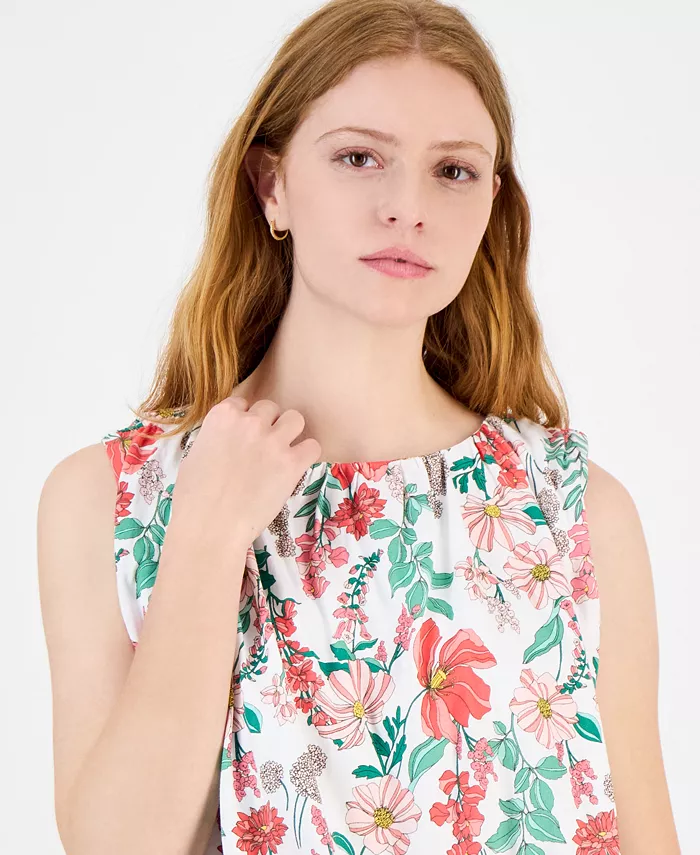 Tommy Hilfiger Women's Floral Sleeveless Bubble-Hem Top Women's Fashion Shoes & Accessories