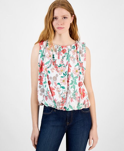 Tommy Hilfiger Women's Floral Sleeveless Bubble-Hem Top Women's Fashion Shoes & Accessories