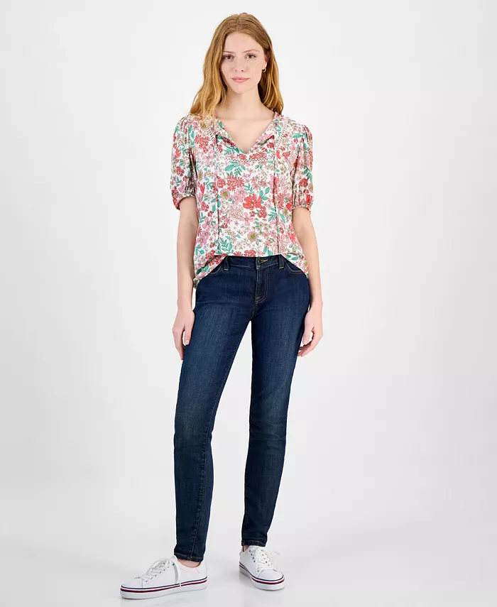 Tommy Hilfiger Women's Floral Tie-Neck Puff-Sleeve Top Women's Fashion Shoes & Accessories