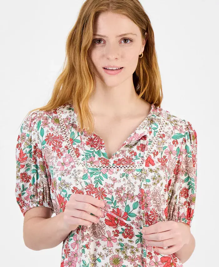 Tommy Hilfiger Women's Floral Tie-Neck Puff-Sleeve Top Women's Fashion Shoes & Accessories