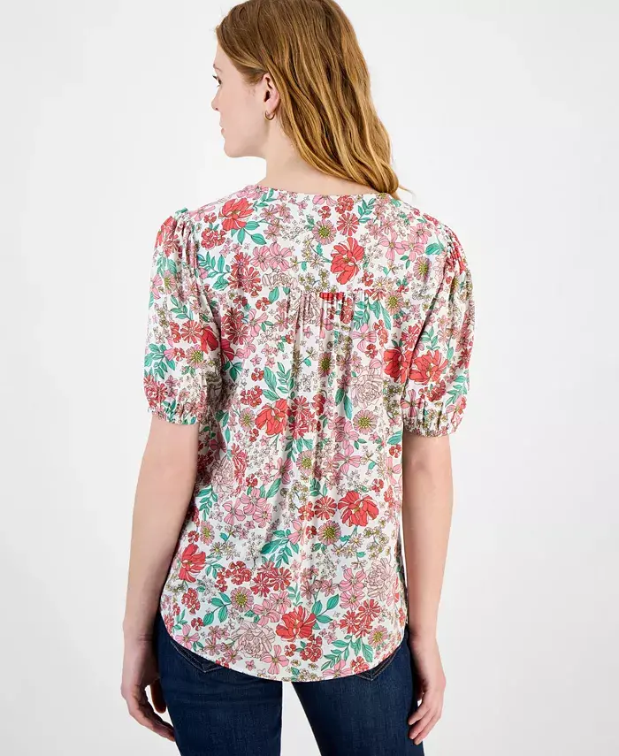 Tommy Hilfiger Women's Floral Tie-Neck Puff-Sleeve Top Women's Fashion Shoes & Accessories