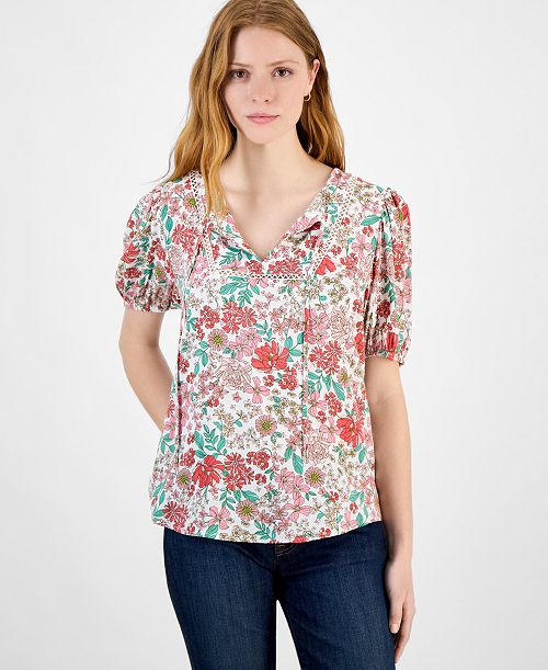 Tommy Hilfiger Women's Floral Tie-Neck Puff-Sleeve Top Women's Fashion Shoes & Accessories
