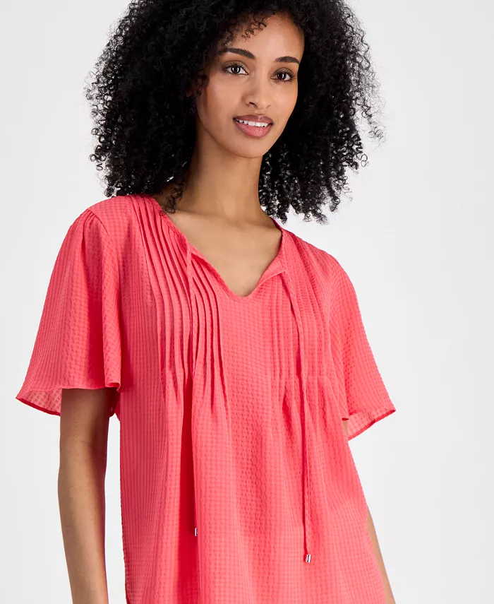 Tommy Hilfiger Women's Gingham Pintucked Top Women's Fashion Shoes & Accessories