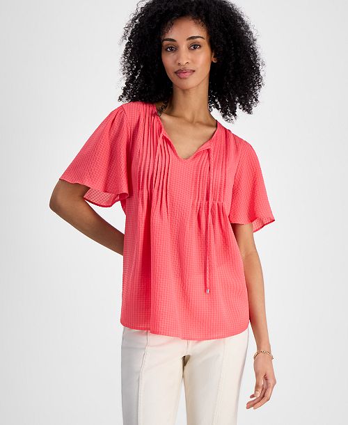 Tommy Hilfiger Women's Gingham Pintucked Top Women's Fashion Shoes & Accessories