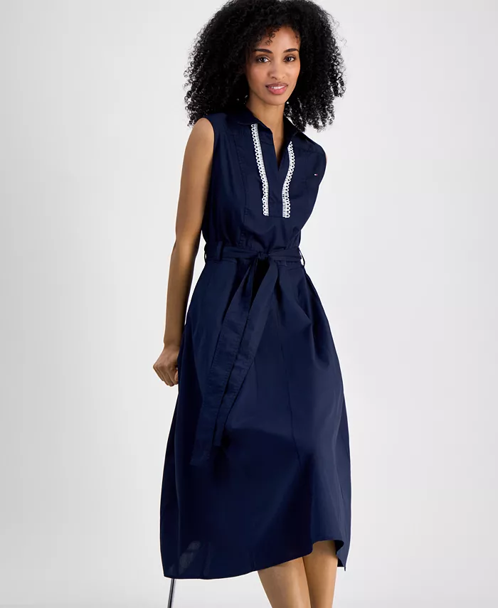 Tommy Hilfiger Women's Lace-Detail Cotton Shirt Dress Women's Fashion Shoes & Accessories