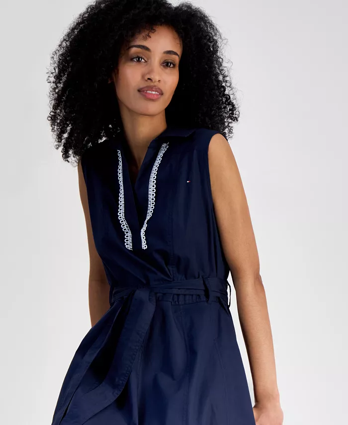 Tommy Hilfiger Women's Lace-Detail Cotton Shirt Dress Women's Fashion Shoes & Accessories