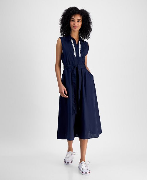 Tommy Hilfiger Women's Lace-Detail Cotton Shirt Dress Women's Fashion Shoes & Accessories