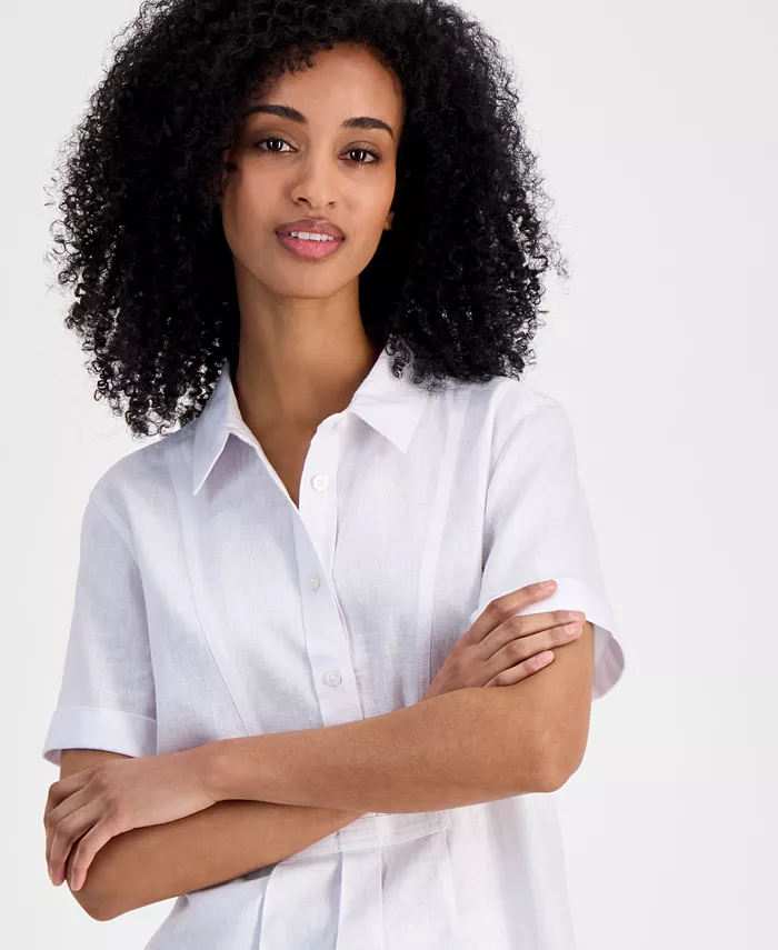 Tommy Hilfiger Women's Linen-Blend Short-Sleeve Shirt Women's Fashion Shoes & Accessories