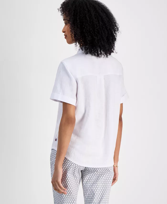 Tommy Hilfiger Women's Linen-Blend Short-Sleeve Shirt Women's Fashion Shoes & Accessories