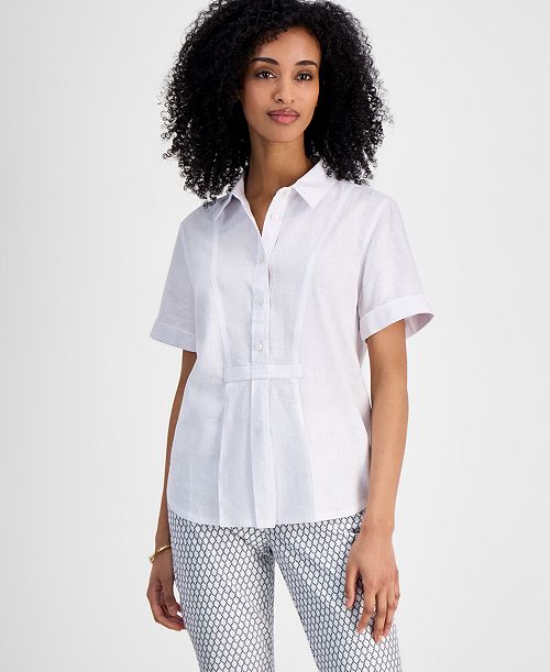 Tommy Hilfiger Women's Linen-Blend Short-Sleeve Shirt Women's Fashion Shoes & Accessories