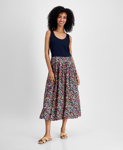 Tommy Hilfiger Women's Mixed Media Floral Dress Women's Fashion Shoes & Accessories