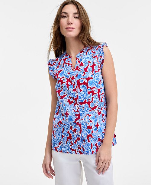 Tommy Hilfiger Women's Olympia Paisley Ruffled Blouse Women's Fashion Shoes & Accessories