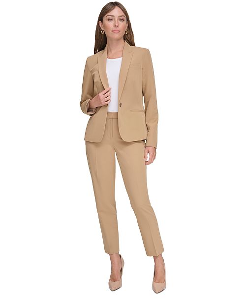 Tommy Hilfiger Women's One-Button Blazer Faux-Wrap Top & Slim-Leg Ankle Pants Women's Fashion Shoes & Accessories