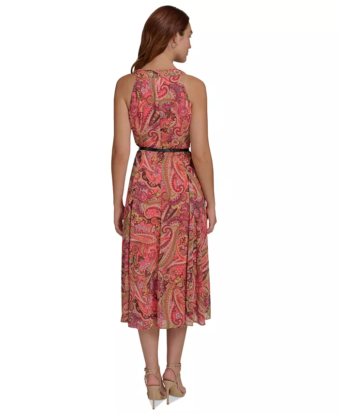 Tommy Hilfiger Women's Paisley Chiffon Midi Sheer Dress Women's Fashion Shoes & Accessories